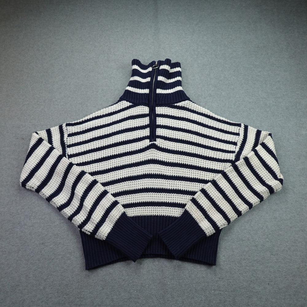 Sage Stone Sweater Womens Medium Navy White Striped 1/4 Zip Cropped Knit